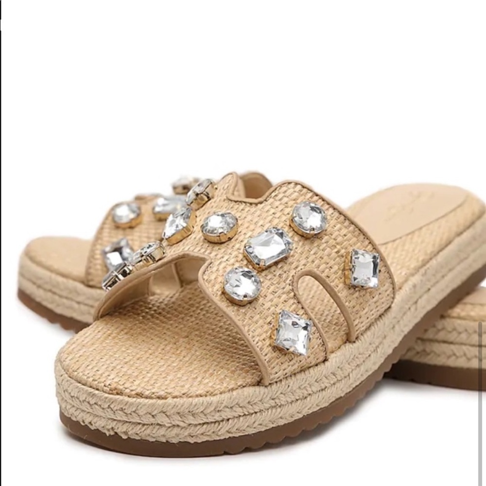 Rhinestone studded raffia sandals